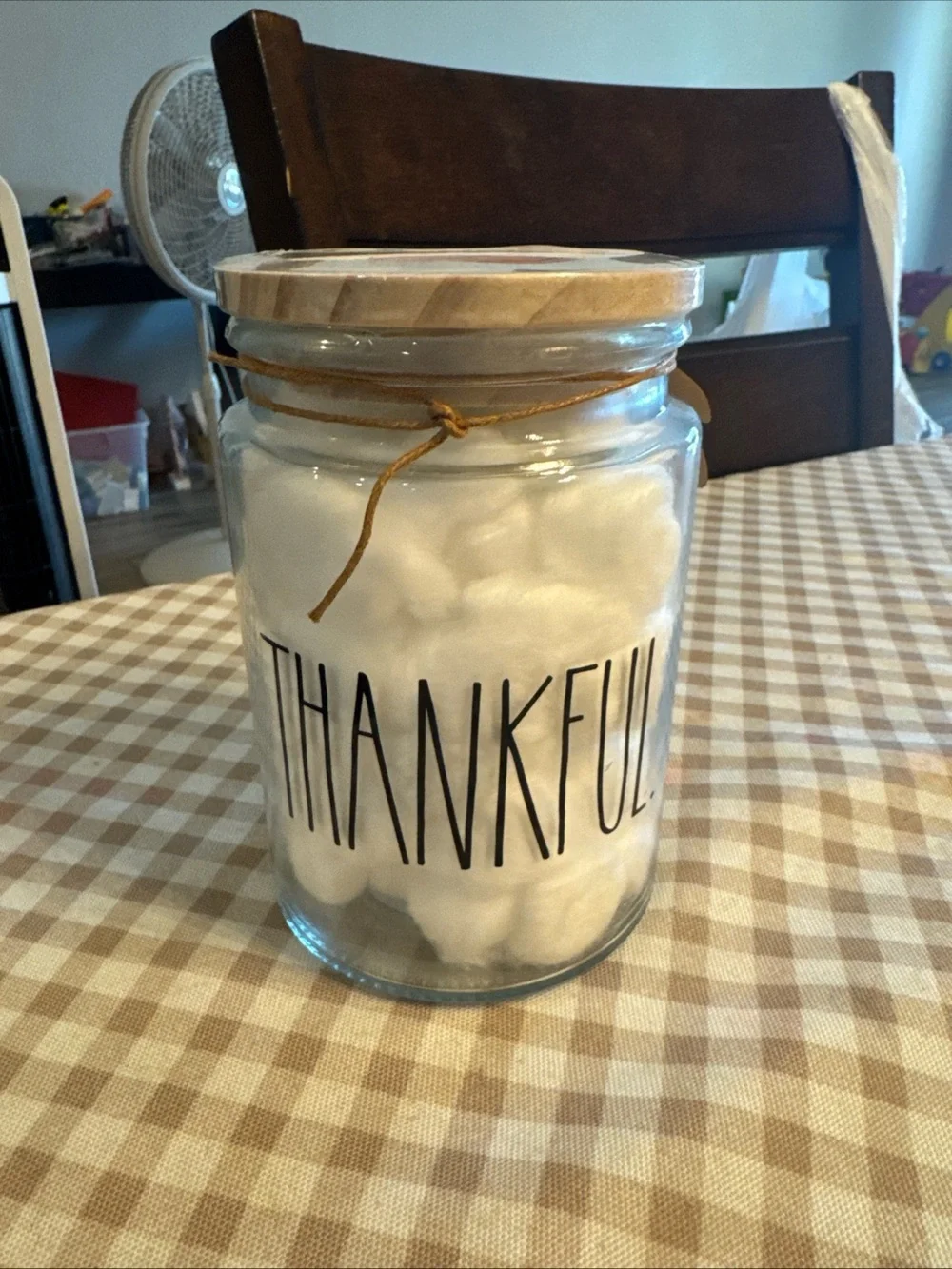 Thankful Glass Jar Cotton Ball Holder - White